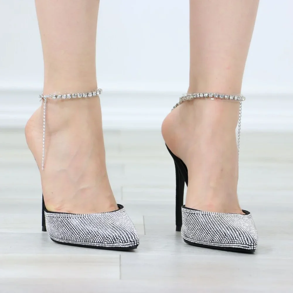 Black Pointed Toe Sparkly Rhinestone Ankle Strap High Heel Shoes Stiletto - Picture 5 of 13